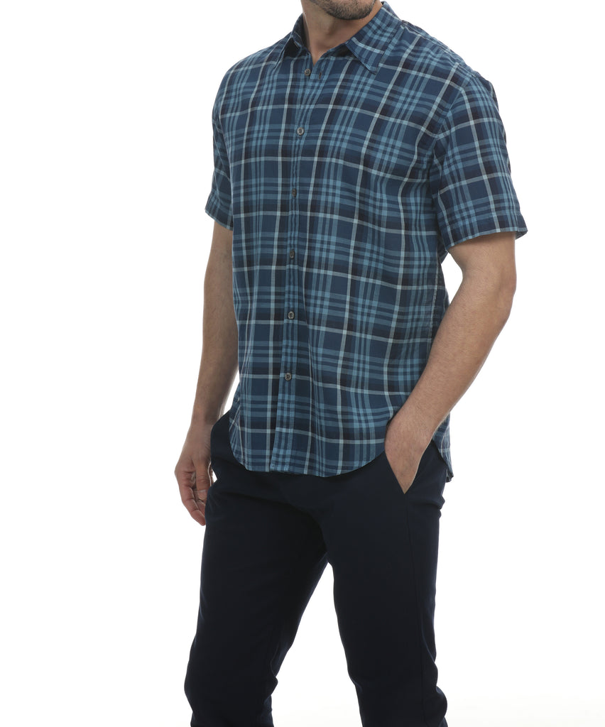 Coetez Short Sleeve Check Plaid Sport Shirt - Blue