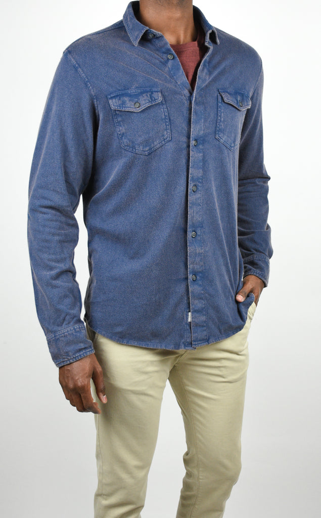 Ryan Long Sleeve Wash Knit Button Up Shirt - NAVY